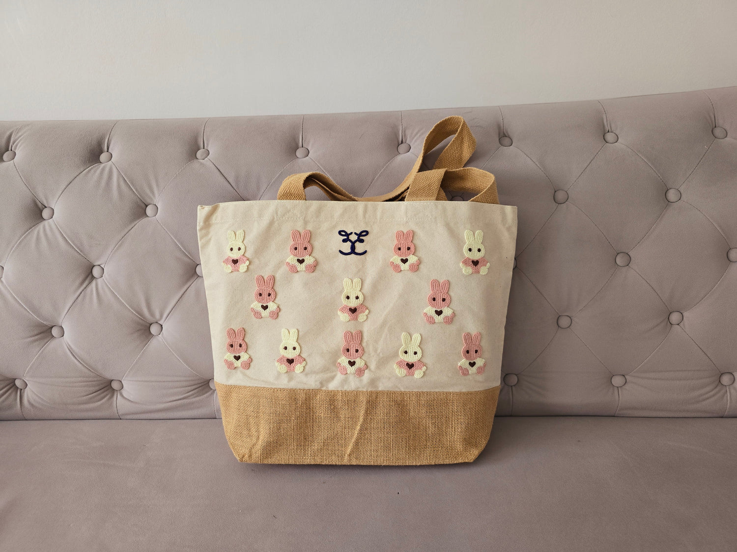 Belle Elodie sustainable and eco-friendly embroidered designer canvas tote bag made with natural cotton and jute with cute knitted bunny details front