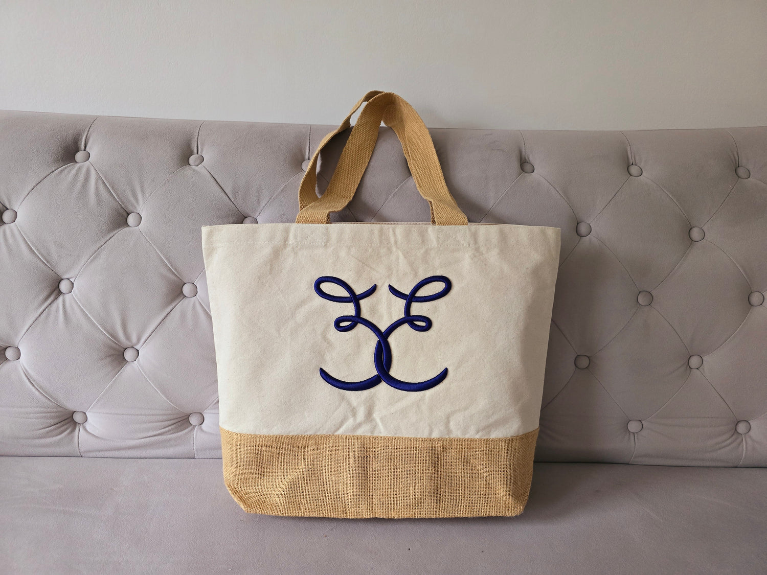 Belle Elodie sustainable and eco-friendly embroidered designer canvas tote bag made with natural cotton and jute embroidered logo back