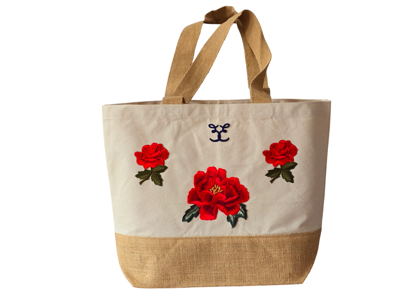 Belle Elodie sustainable and eco-friendly embroidered designer canvas tote bag made with natural cotton and jute with red flowers embroideries front