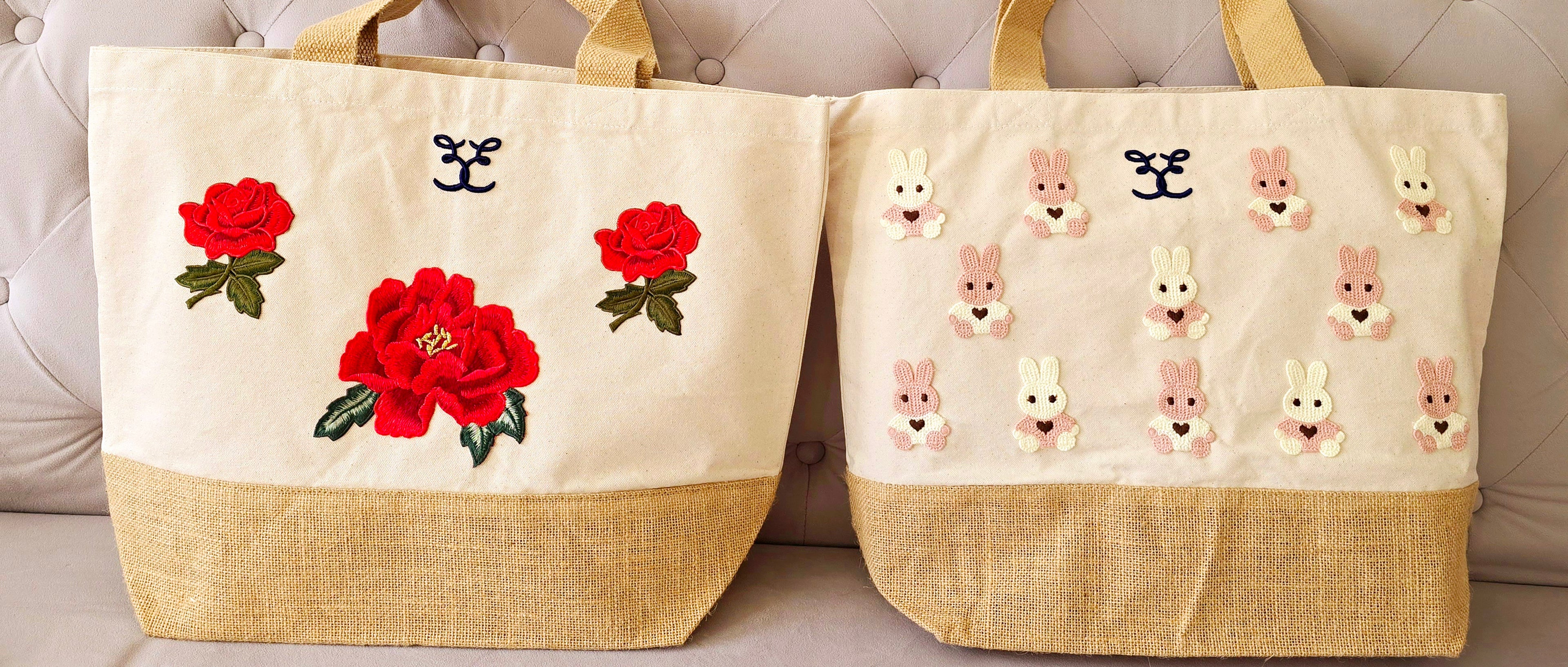 Belle Elodie sustainable and eco-friendly embroidered designer canvas tote bag made with natural cotton and jute with cute knitted bunny details front or red flowers embroideries front