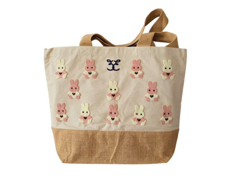 Belle Elodie sustainable and eco-friendly embroidered designer canvas tote bag made with natural cotton and jute with cute knitted bunny details front